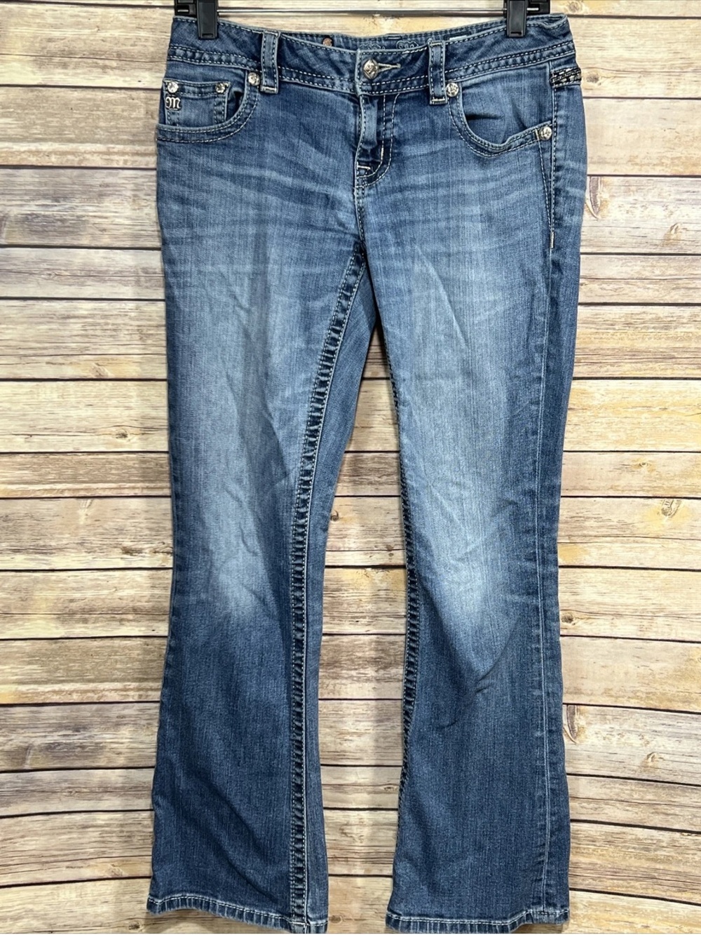 Miss Me Women’s Bootcut Jeans Size 28 Blue Embellished Rhinestone Sequin Pockets